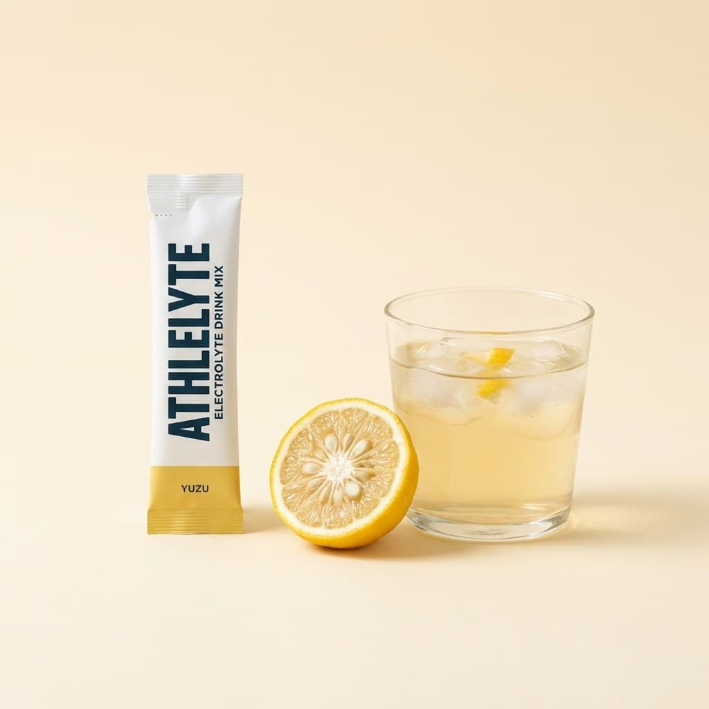 Athlelyte Yuzu stick pack beside a halved yuzu and a glass of pale golden water