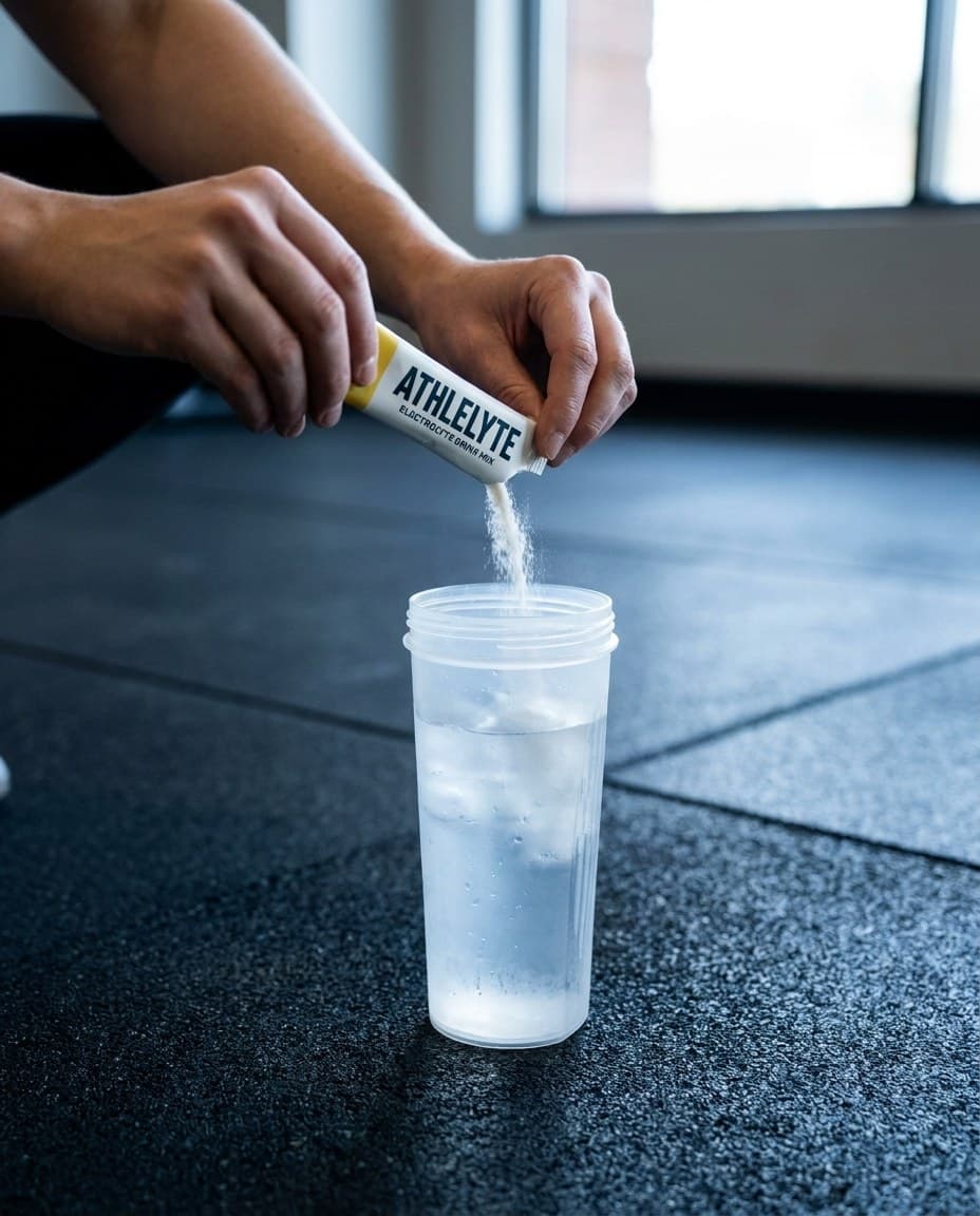Hands tearing open an Athlelyte Yuzu stick pack and pouring the powder into a shaker bottle of water on a gym floor