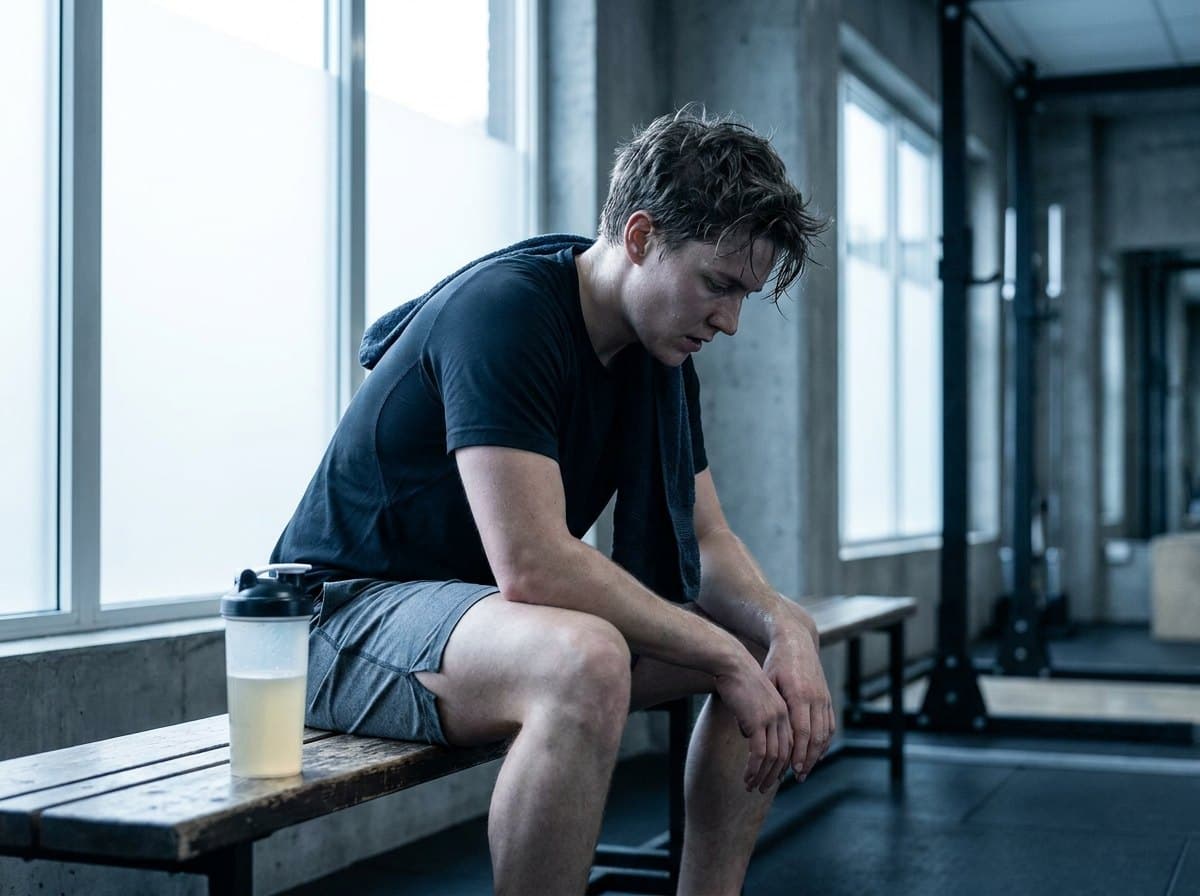An athlete catching their breath on a gym bench after training, a shaker bottle beside them